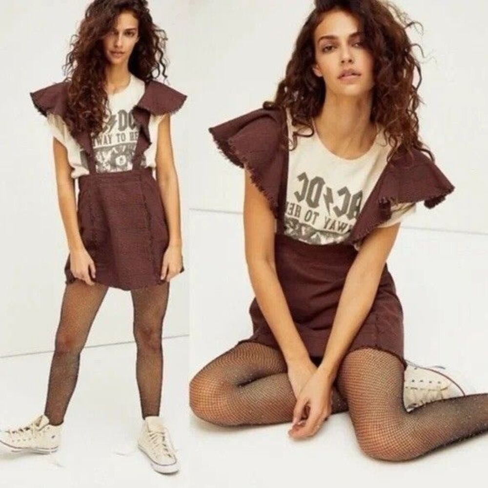 FREE PEOPLE Rowan Plaid Pinafore Skirt Grunge Brown Sz 6 NWT Boho Festival